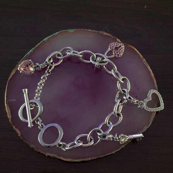 Swarovski Silvertone Toggle Bracelet with Heart Charms, Pink Crystal & Key, 7.75 - Picture 2 of 10